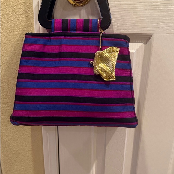 Striped Pink and Blue Women\'s Bag in dupioni silk lucite handles medium bag